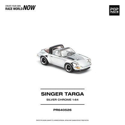 A 1:64 scale model car of the Singer Targa Silver Chrome, shown on a clean white background with brand and product text overlays.