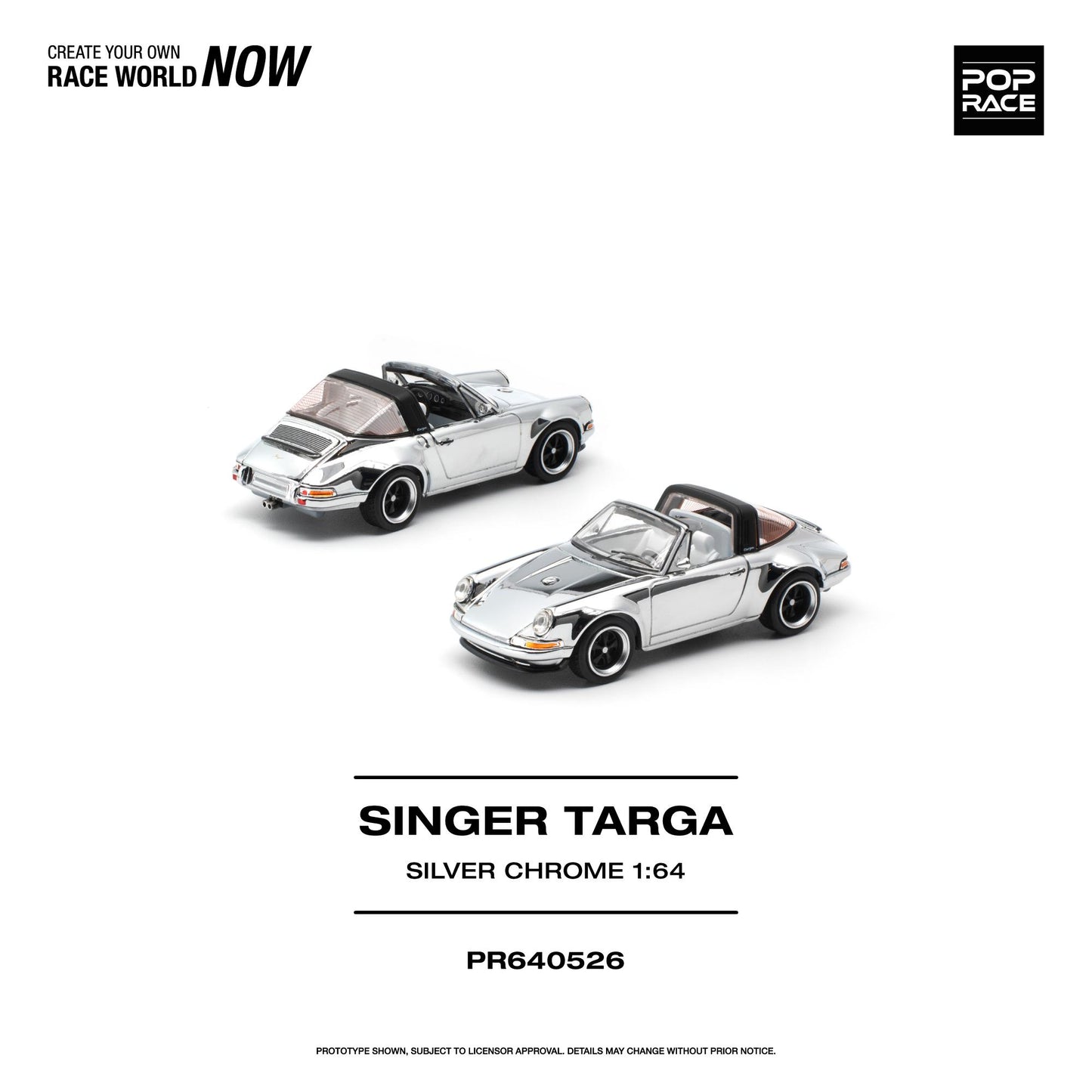 Two miniature 1:64 scale model cars in a silver chrome finish, shown on a clean white background with text reading 'SINGER TARGA SILVER CHROME 1:64' and 'PR640526'. A 'POP RACE' logo appears in the top right corner.