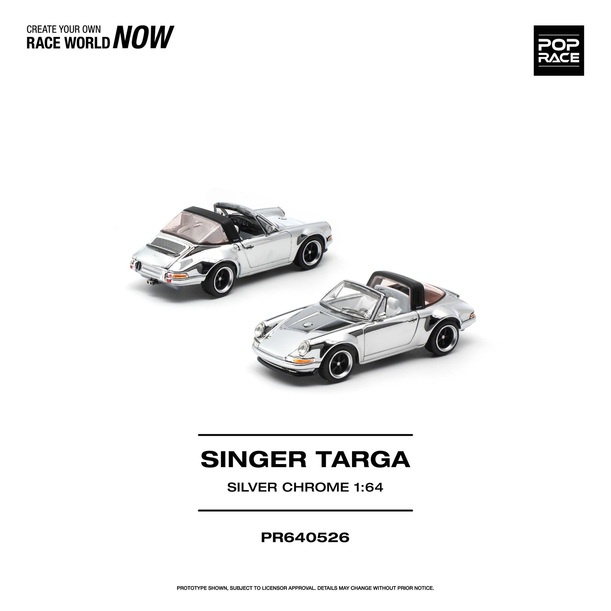 Two miniature 1:64 scale model cars in a silver chrome finish, shown on a clean white background with text reading 'SINGER TARGA SILVER CHROME 1:64' and 'PR640526'. A 'POP RACE' logo appears in the top right corner.