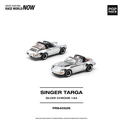 Two miniature 1:64 scale model cars in a silver chrome finish, shown on a clean white background with text reading 'SINGER TARGA SILVER CHROME 1:64' and 'PR640526'. A 'POP RACE' logo appears in the top right corner.