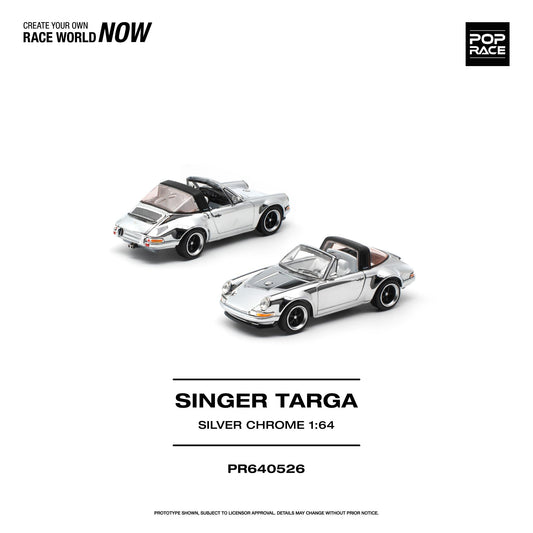 Two miniature 1:64 scale model cars in a silver chrome finish, shown on a clean white background with text reading 'SINGER TARGA SILVER CHROME 1:64' and 'PR640526'. A 'POP RACE' logo appears in the top right corner.
