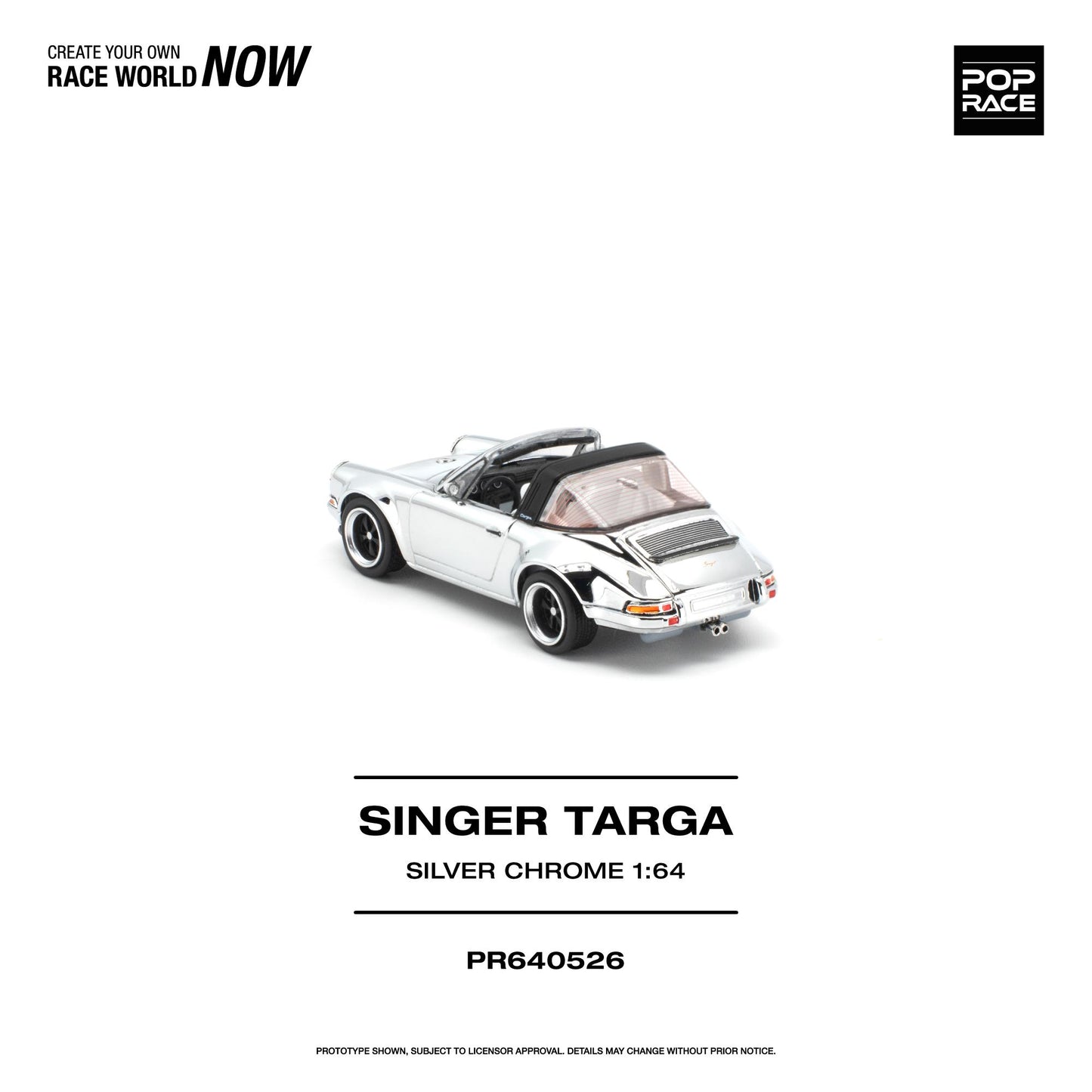 A 1:64 scale model car of the Singer Targa Silver Chrome, shown from a three-quarters rear view on a clean white background with brand and model text.