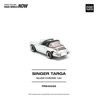 A 1:64 scale model car of the Singer Targa Silver Chrome, shown from a three-quarters rear view on a clean white background with brand and model text.