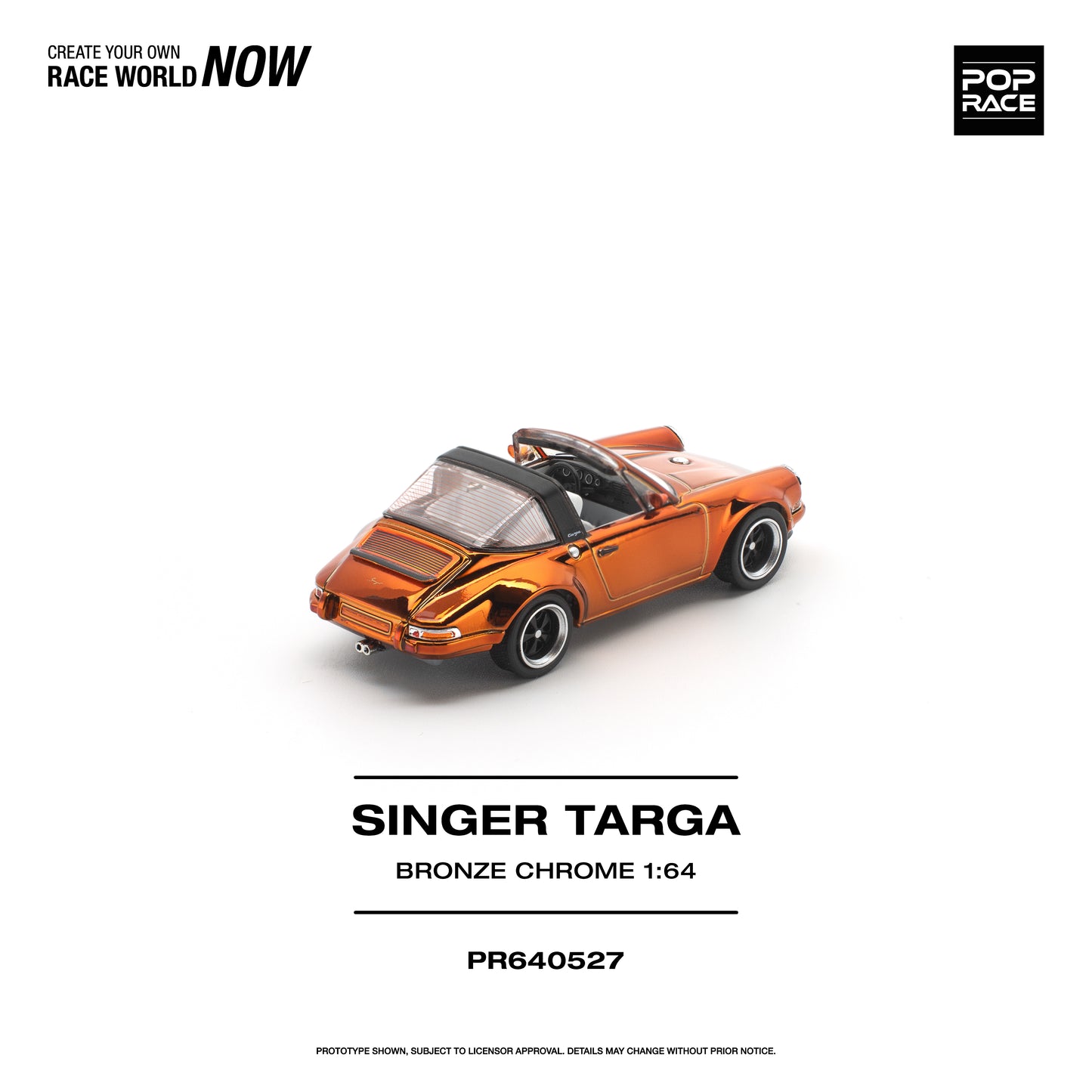 Model car of a Singer Targa on a white background with branding text.