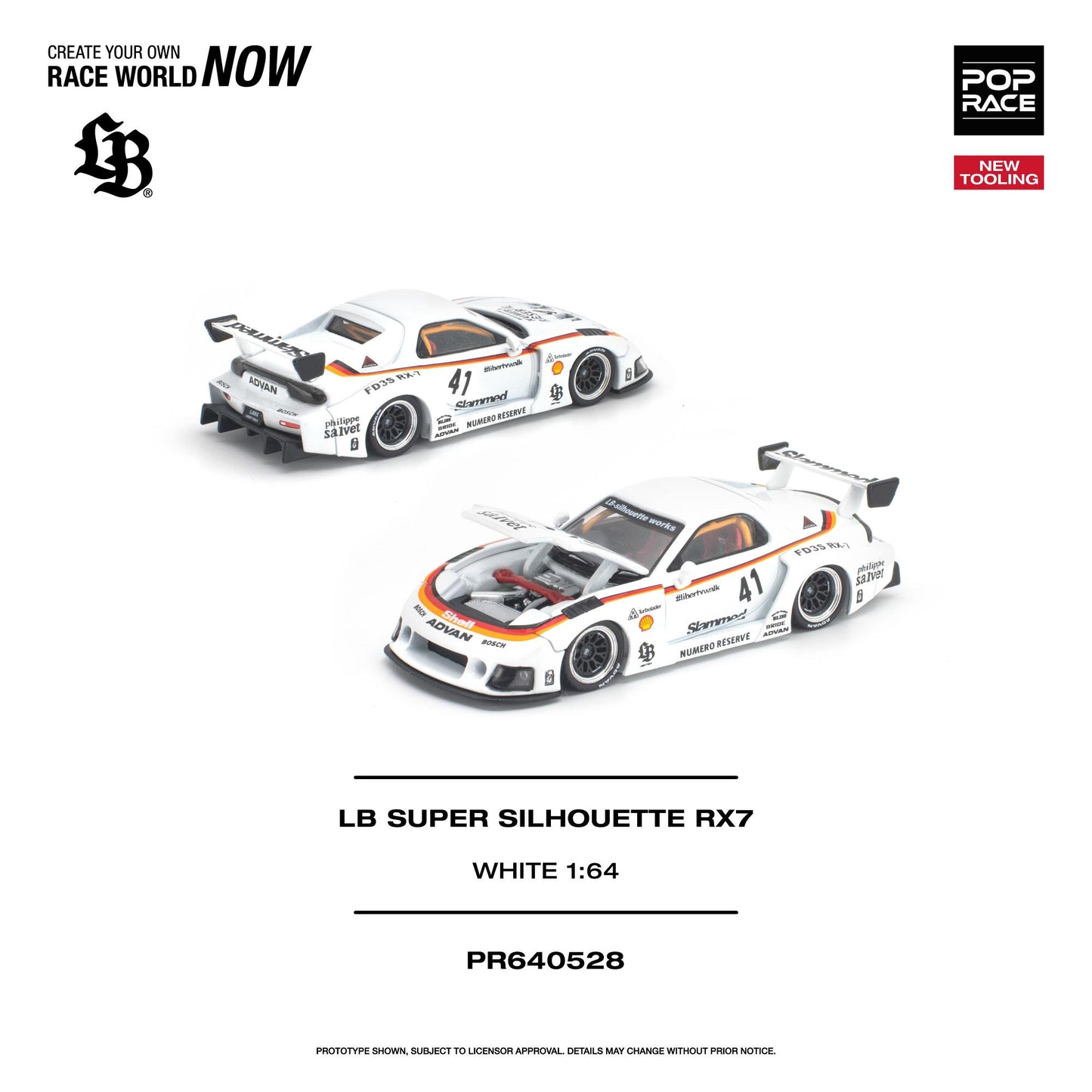 Model car of LB Super Silhouette RX7 in white with branding on a white background