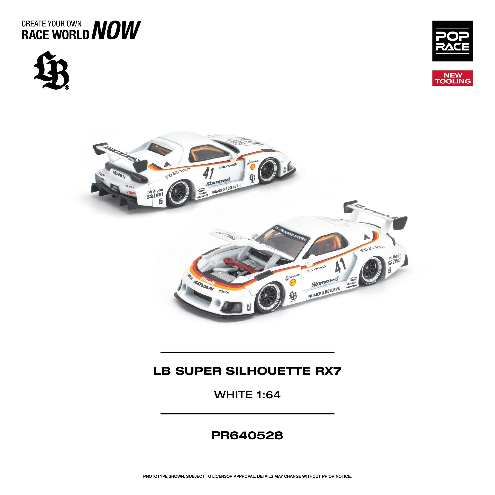 Model car of LB Super Silhouette RX7 in white with branding on a white background