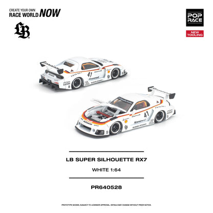Model car of LB Super Silhouette RX7 in white with branding on a white background