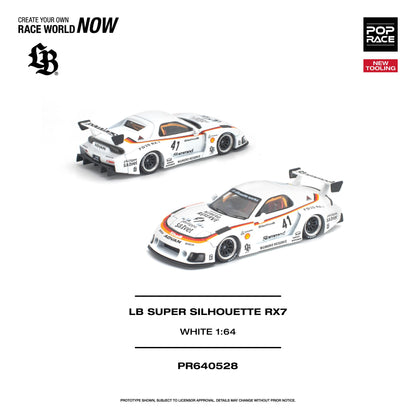 Model car of LB Super Silhouette RX7 on a white background with branding and product details.