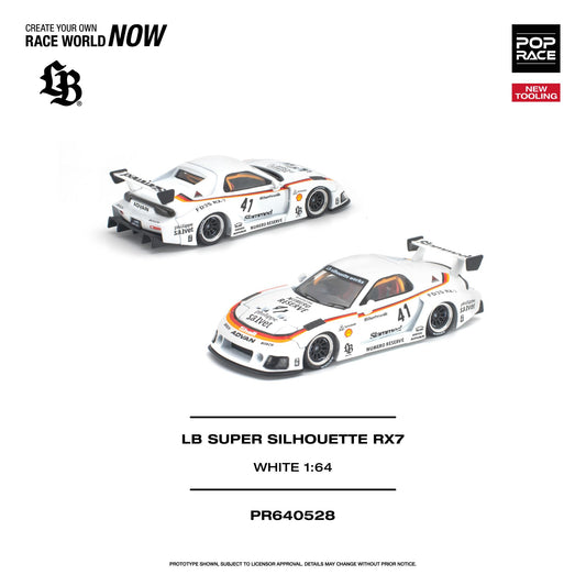 Model car of LB Super Silhouette RX7 on a white background with branding and product details.