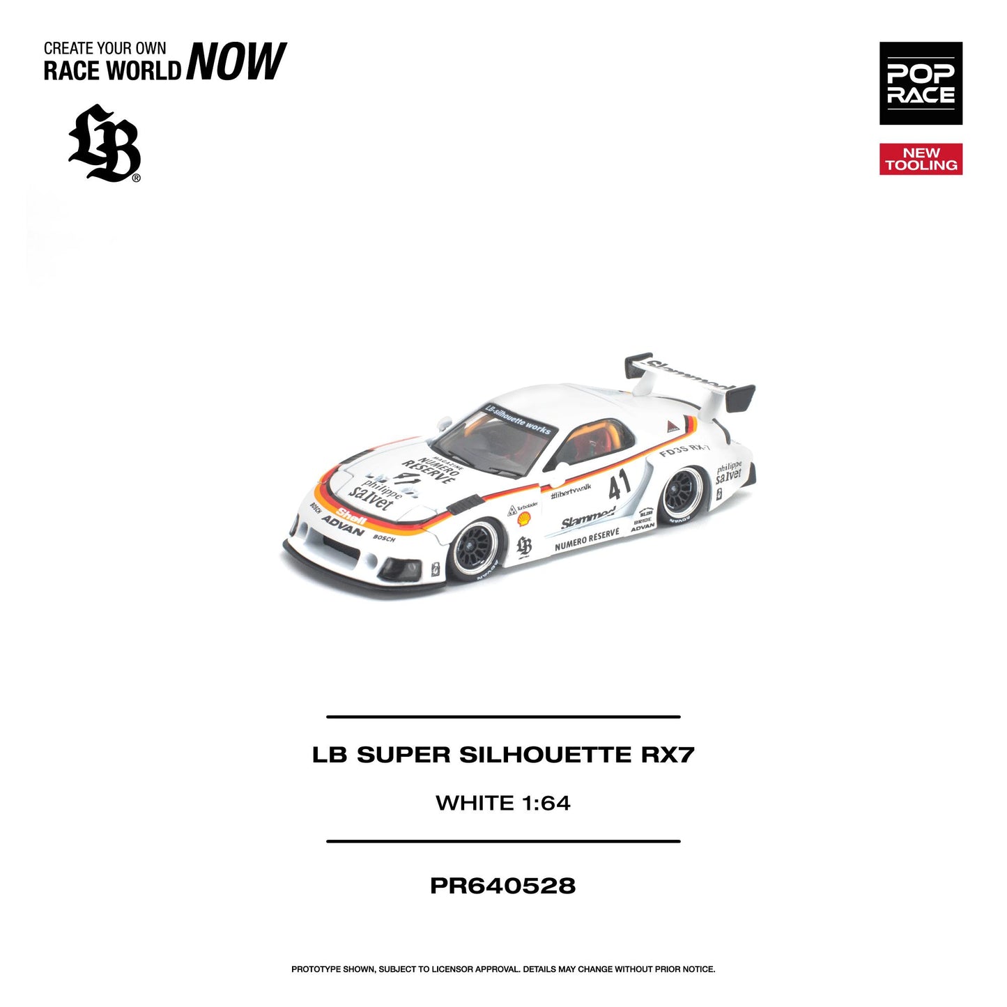 Model car of LB Super Silhouette RX7 on a white background with branding and product details.