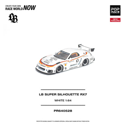 Model car of LB Super Silhouette RX7 on a white background with branding and product details.