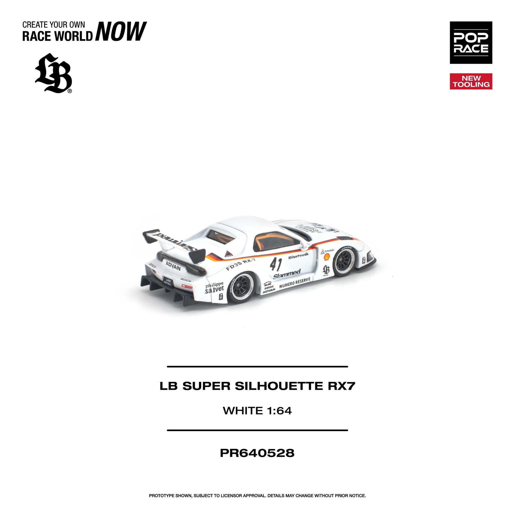 Model car of LB Super Silhouette RX7 on a white background with branding and product details.