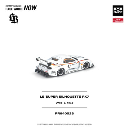 Model car of LB Super Silhouette RX7 on a white background with branding and product details.