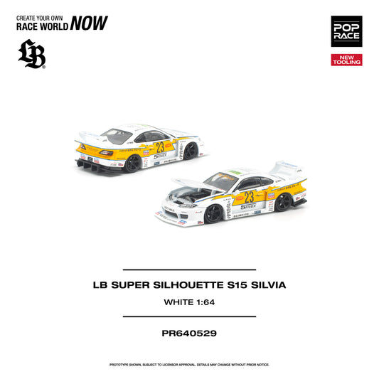 Model car of LB Super Silhouette S15 Silvia with branding and product details on a white background