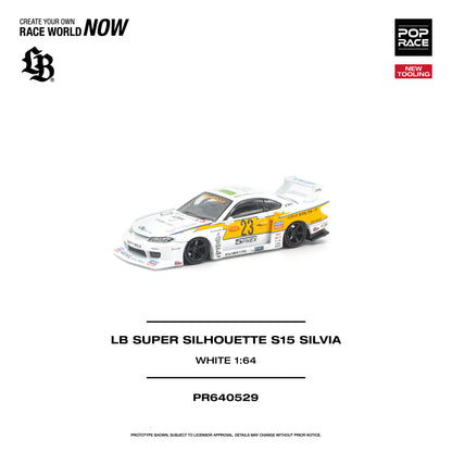Model car of LB Super Silhouette S15 Silvia on a white background with branding and product details.