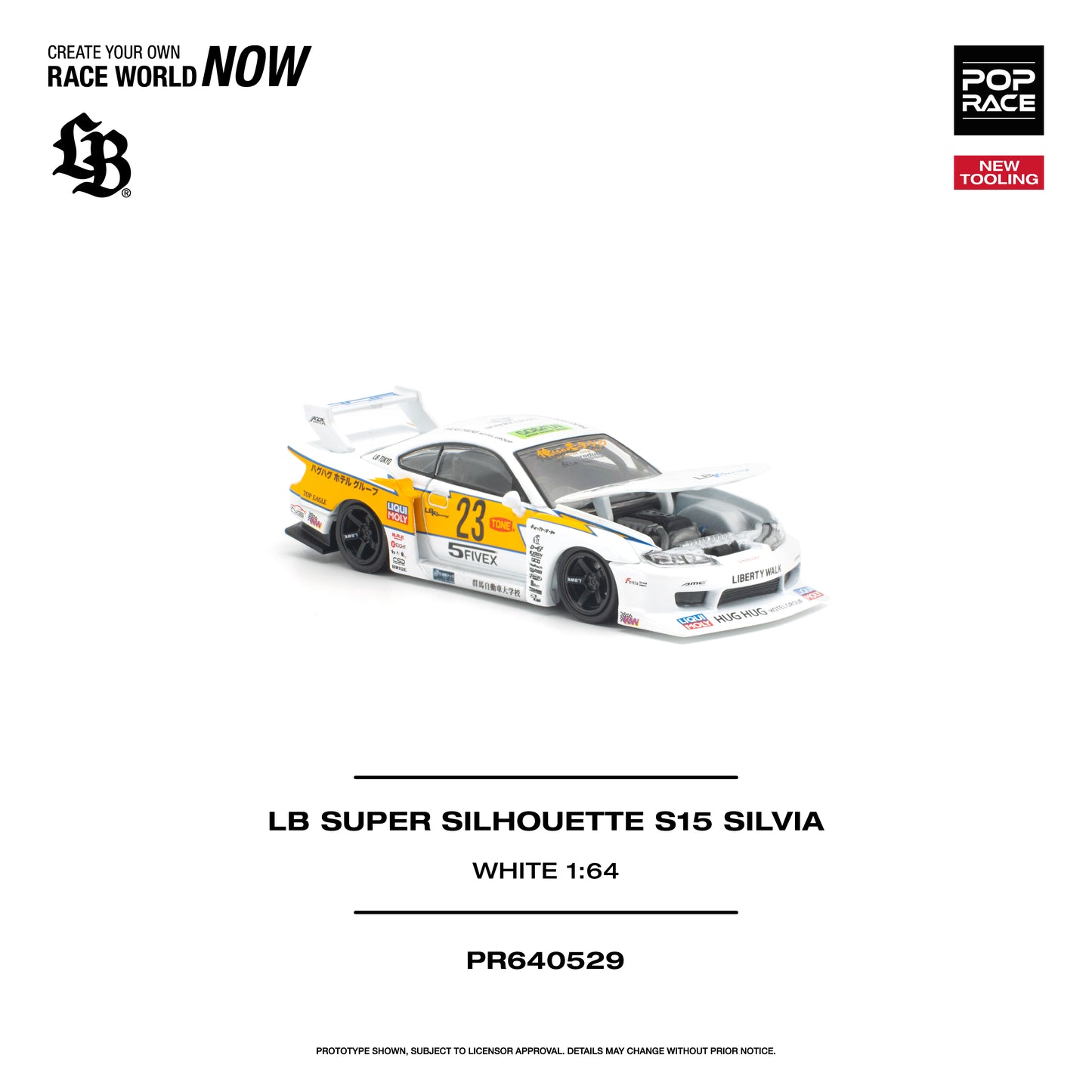 Model car of an LB Super Silhouette S15 Silvia on a white background with branding and product details.