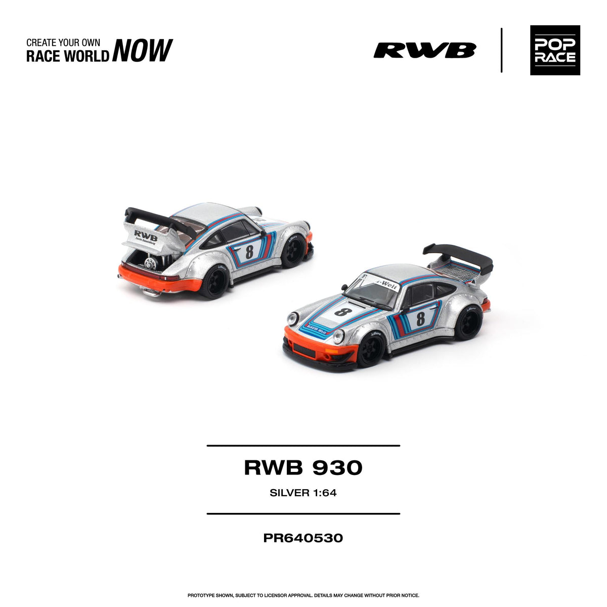Pop Race 1:64 RWB Porsche 930 Silver PR640530 diecast model featuring metallic silver paint, blue and red racing stripes, #8 racing livery, RWB widebody kit, orange bumpers, black wheels, and large rear wing, shown from front and rear three-quarter views.