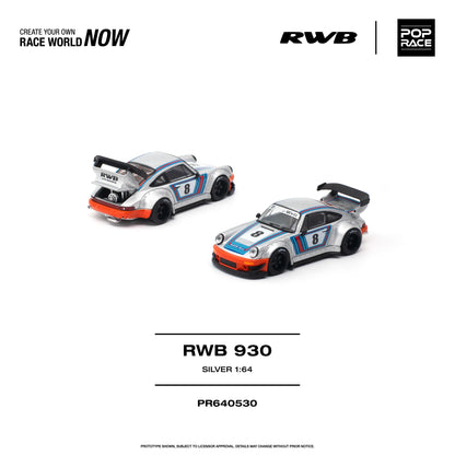 Pop Race 1:64 RWB Porsche 930 Silver PR640530 diecast model featuring metallic silver paint, blue and red racing stripes, #8 racing livery, RWB widebody kit, orange bumpers, black wheels, and large rear wing, shown from front and rear three-quarter views.