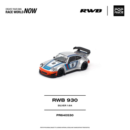 Pop Race 1:64 RWB Porsche 930 Silver PR640530 diecast model, front three-quarter view featuring metallic silver paint, blue and red racing stripes, #8 racing livery, RWB widebody kit, orange front bumper, black wheels, and large black rear wing.