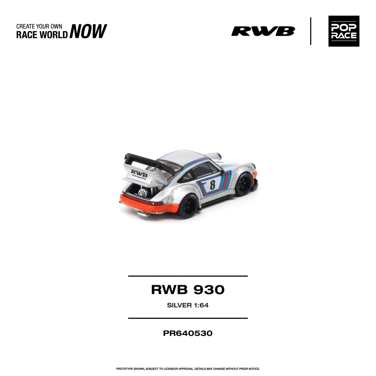 Pop Race 1:64 RWB Porsche 930 Silver PR640530 diecast model, rear three-quarter view featuring metallic silver paint, blue and red racing stripes, #8 racing livery, RWB widebody fenders, black wheels, orange rear bumper, and oversized rear wing with RWB branding.