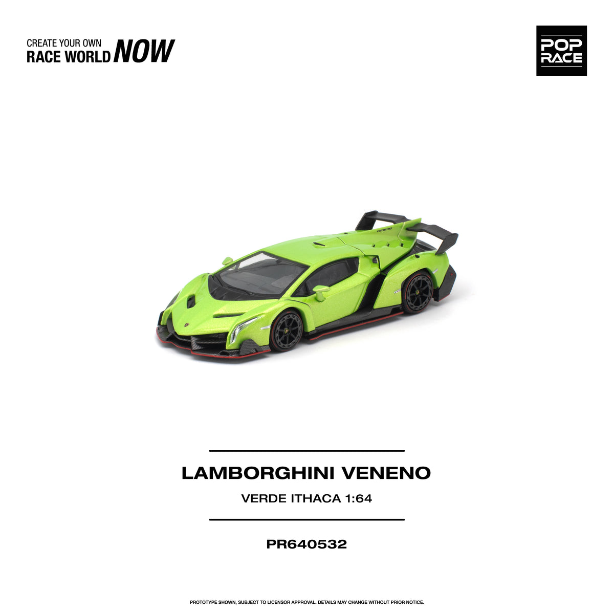 POP RACE 1:64 Lamborghini Veneno Verde Ithaca Green PR640532 diecast model featuring vibrant lime green paint, black aerodynamic accents, red trim, detailed black wheels, aggressive front splitter and large rear wing, front three-quarter view.
