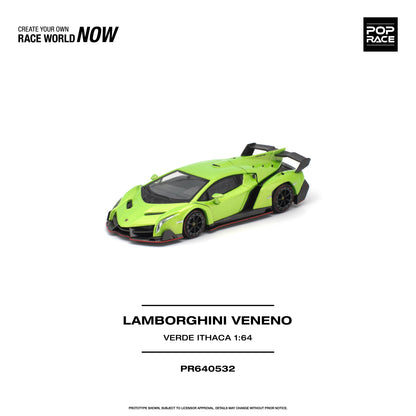 POP RACE 1:64 Lamborghini Veneno Verde Ithaca Green PR640532 diecast model featuring vibrant lime green paint, black aerodynamic accents, red trim, detailed black wheels, aggressive front splitter and large rear wing, front three-quarter view.