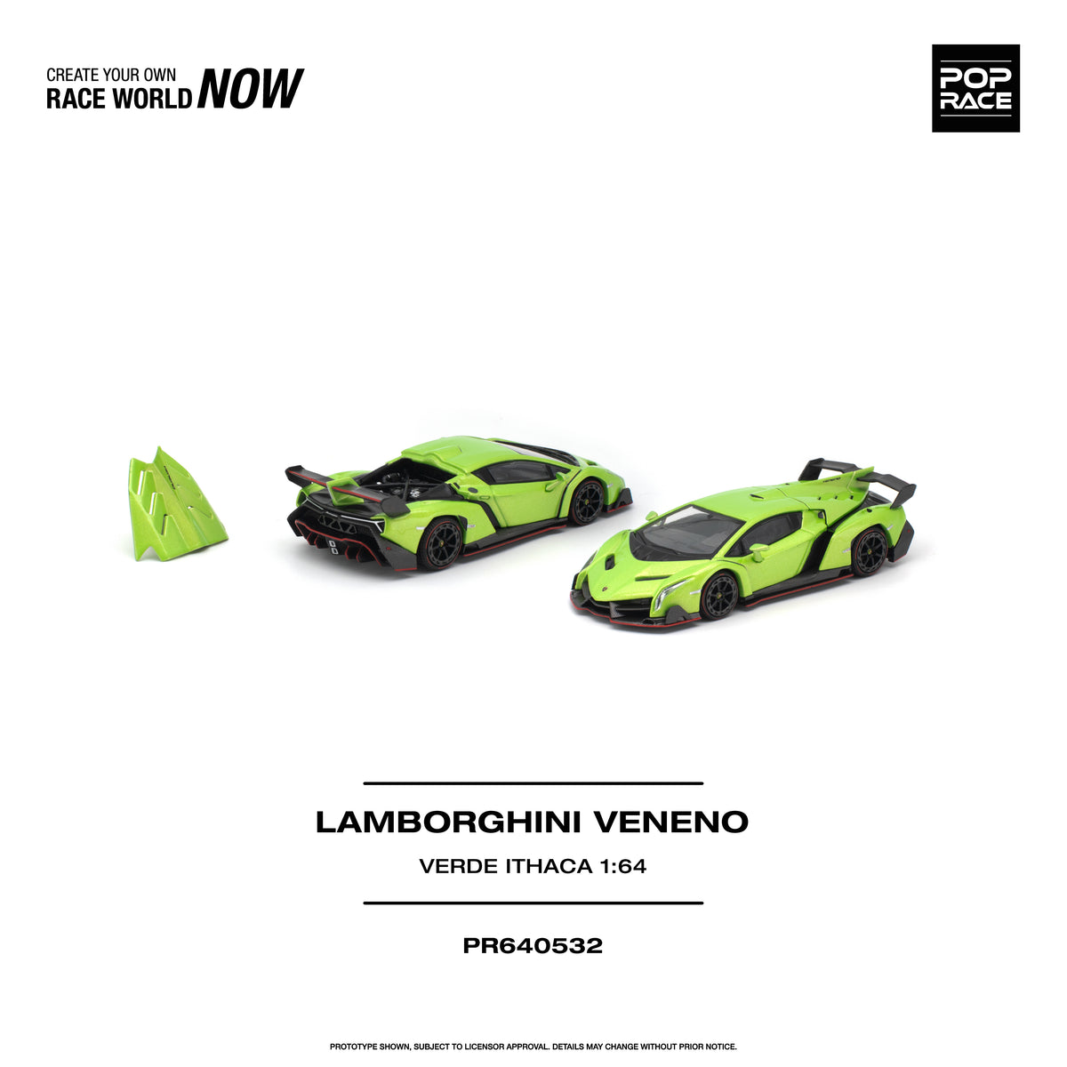 POP RACE 1:64 Lamborghini Veneno Verde Ithaca Green PR640532 diecast model featuring vibrant green paint, black aerodynamic accents, red trim, detailed black wheels, large rear wing, removable engine cover and exposed engine details, front and rear three-quarter views.