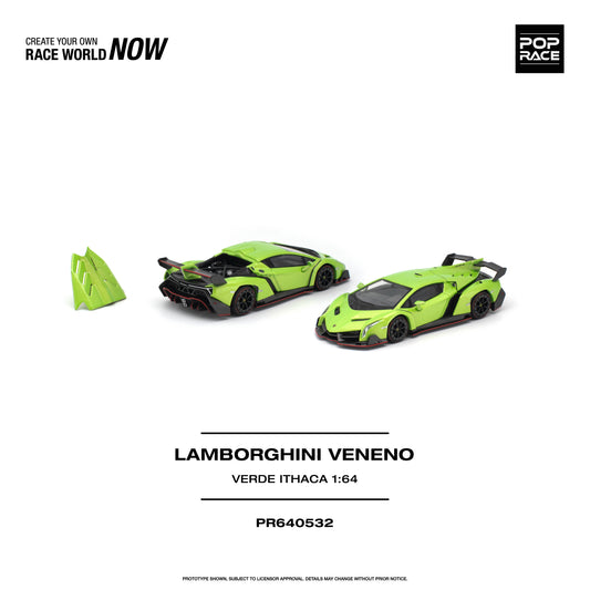 POP RACE 1:64 Lamborghini Veneno Verde Ithaca Green PR640532 diecast model featuring vibrant green paint, black aerodynamic accents, red trim, detailed black wheels, large rear wing, removable engine cover and exposed engine details, front and rear three-quarter views.