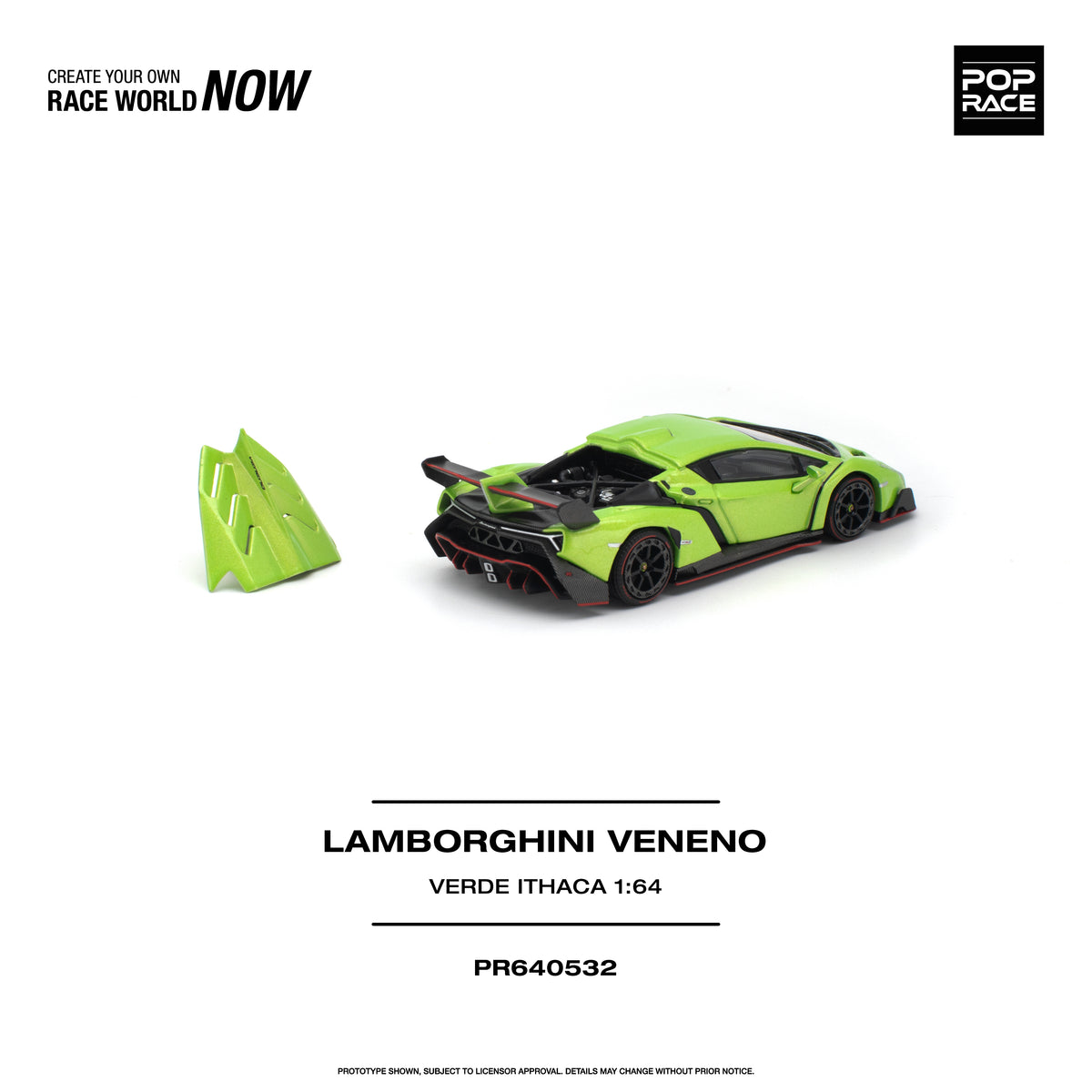 POP RACE 1:64 Lamborghini Veneno Verde Ithaca Green PR640532 diecast model, rear three-quarter view featuring removable engine cover, exposed engine details, black rear wing, aggressive rear diffuser, black wheels and vibrant green paint with red accents.