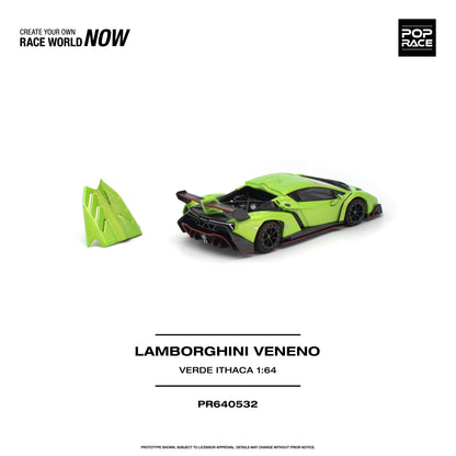 POP RACE 1:64 Lamborghini Veneno Verde Ithaca Green PR640532 diecast model, rear three-quarter view featuring removable engine cover, exposed engine details, black rear wing, aggressive rear diffuser, black wheels and vibrant green paint with red accents.