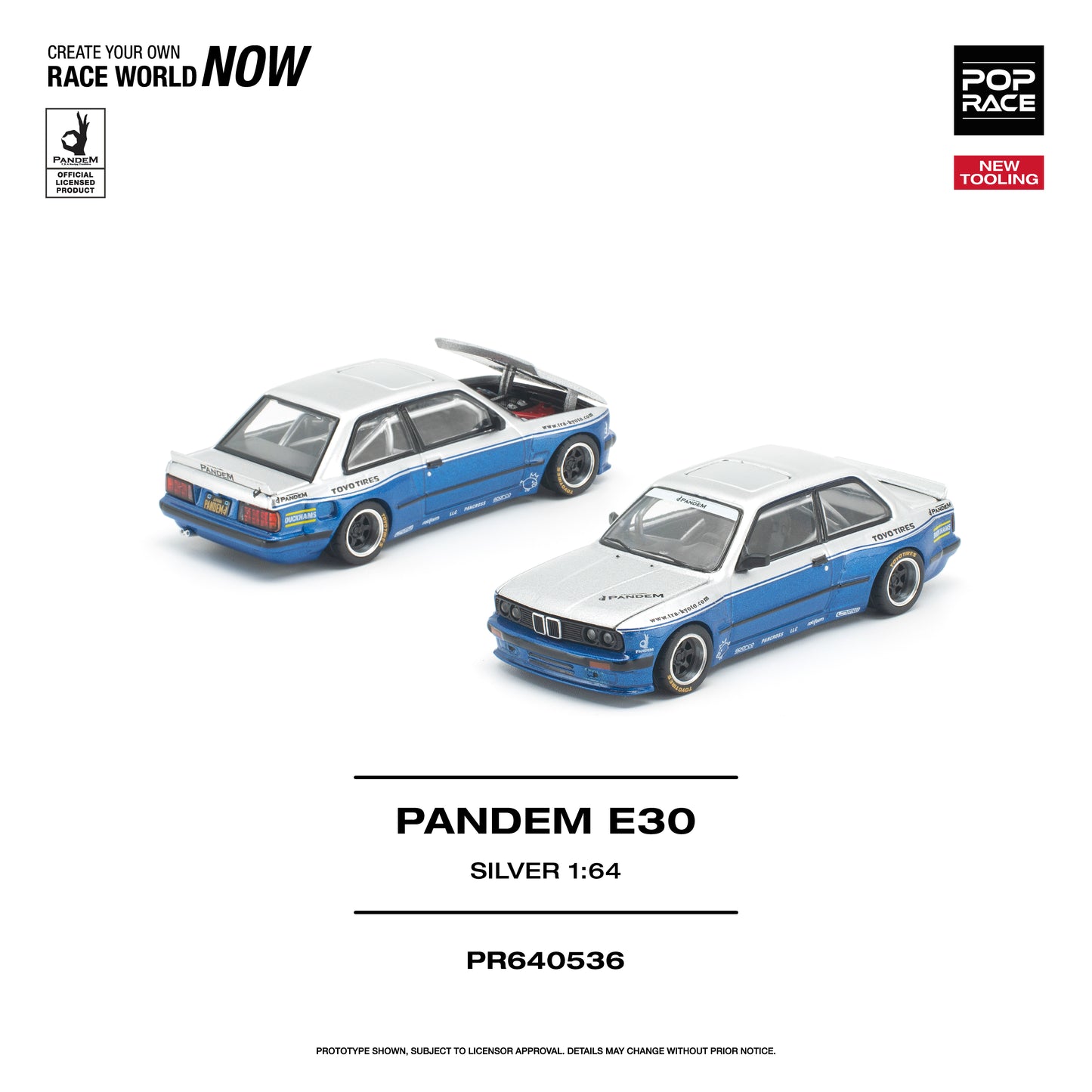 Two model cars of Pandem E30 on a white background with branding and product details.