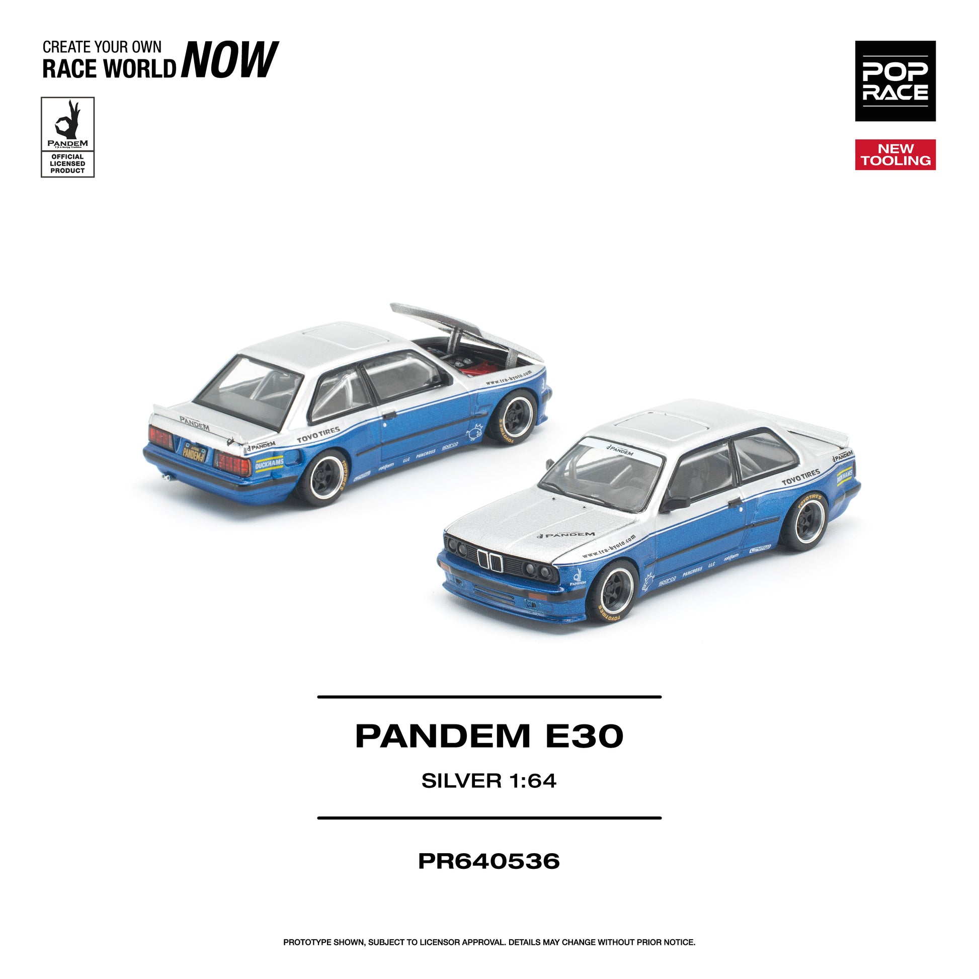 Two model cars of Pandem E30 on a white background with branding and product details.