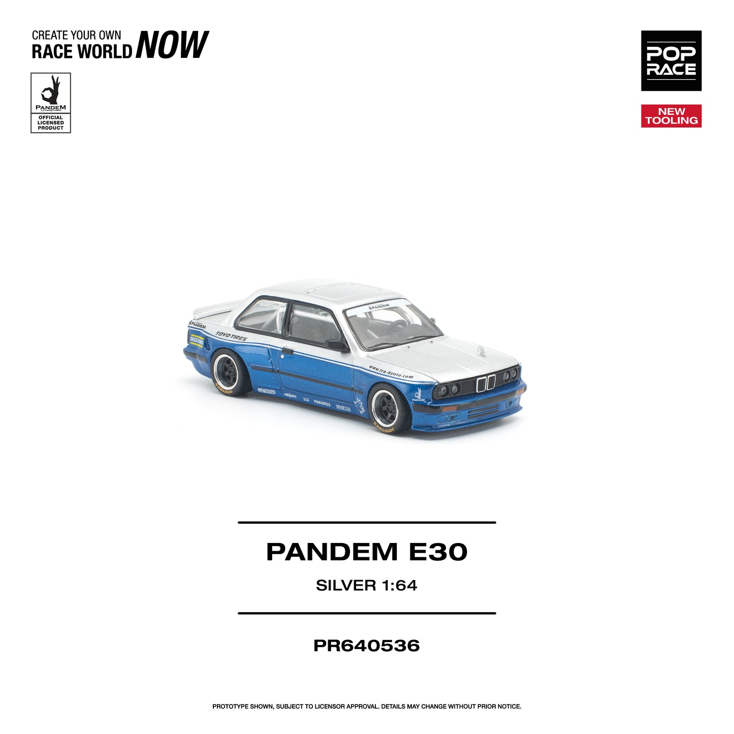 Model car of a Pandem E30 on a white background with branding and product details.