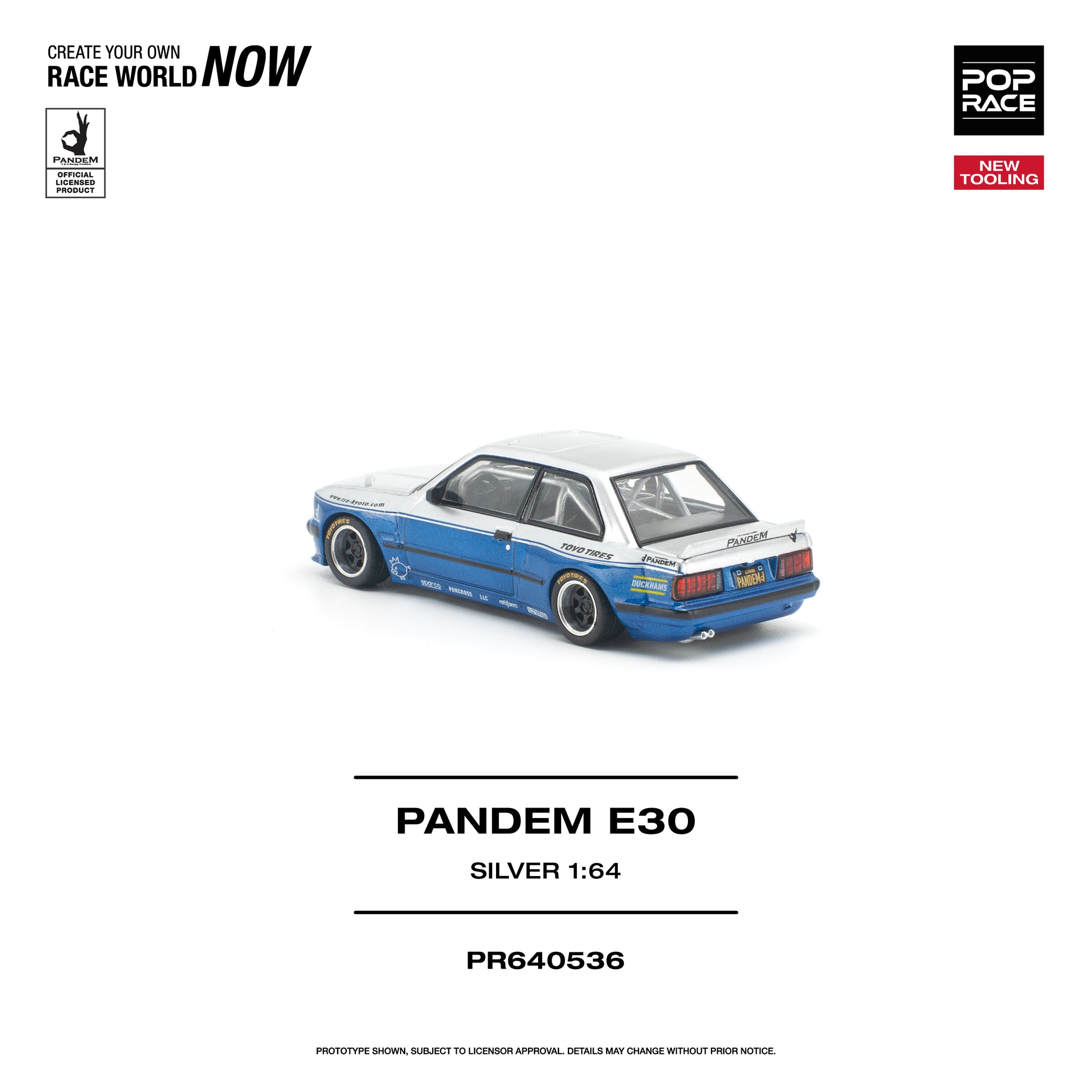 Model car of a Pandem E30 on a white background with branding and product details.
