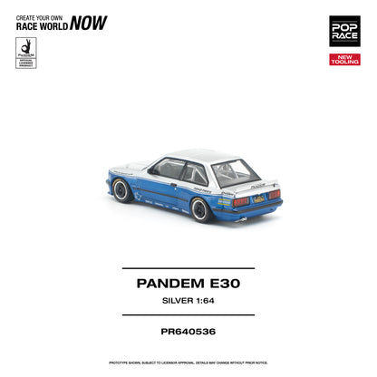 Model car of a Pandem E30 on a white background with branding and product details.