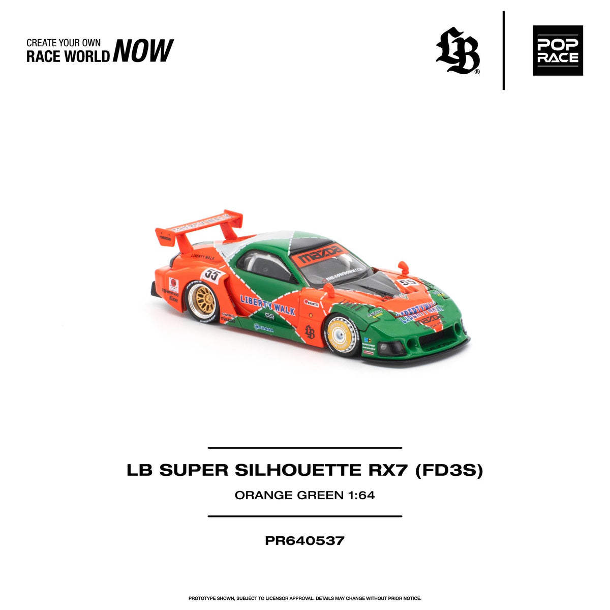 LB Super Silhouette RX7 (FD3S) 1:64 scale model car in orange and green livery, shown on a white background with brand logos and product text.