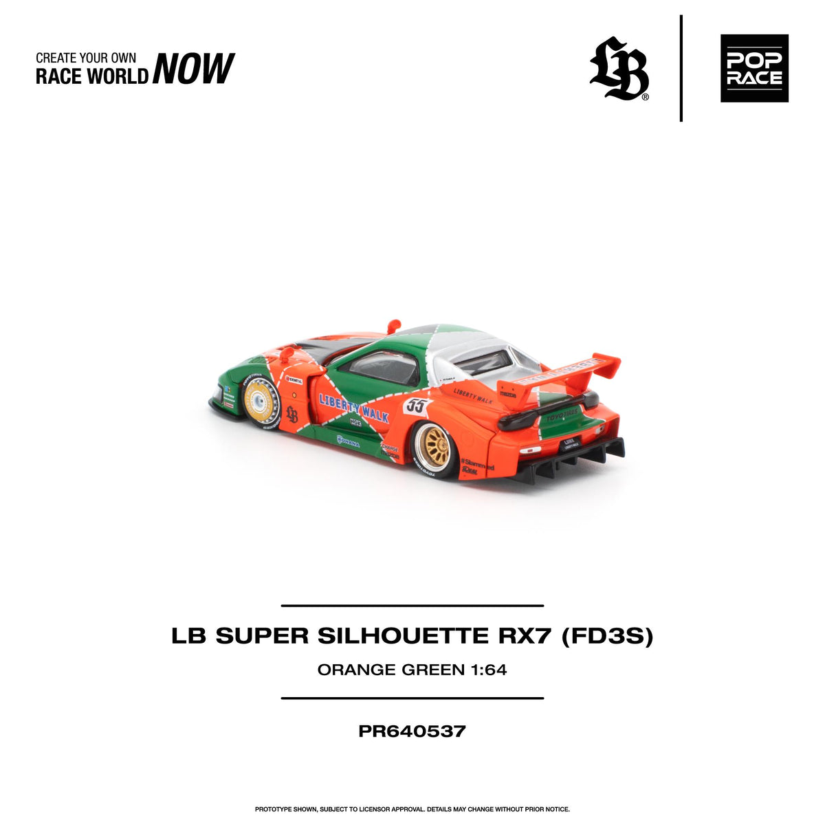 A 1:64 scale model of the LB Super Silhouette RX7 (FD3S) in orange and green livery, shown on a clean white background with brand logos and product details.