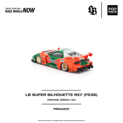 A 1:64 scale model of the LB Super Silhouette RX7 (FD3S) in orange and green livery, shown on a clean white background with brand logos and product details.