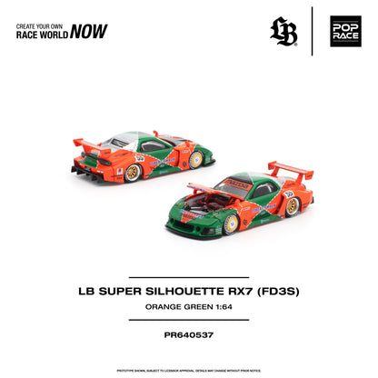LB Super Silhouette RX7 (FD3S) 1:64 scale model car in orange and green livery, shown from two angles on a white background with brand logos and product text.