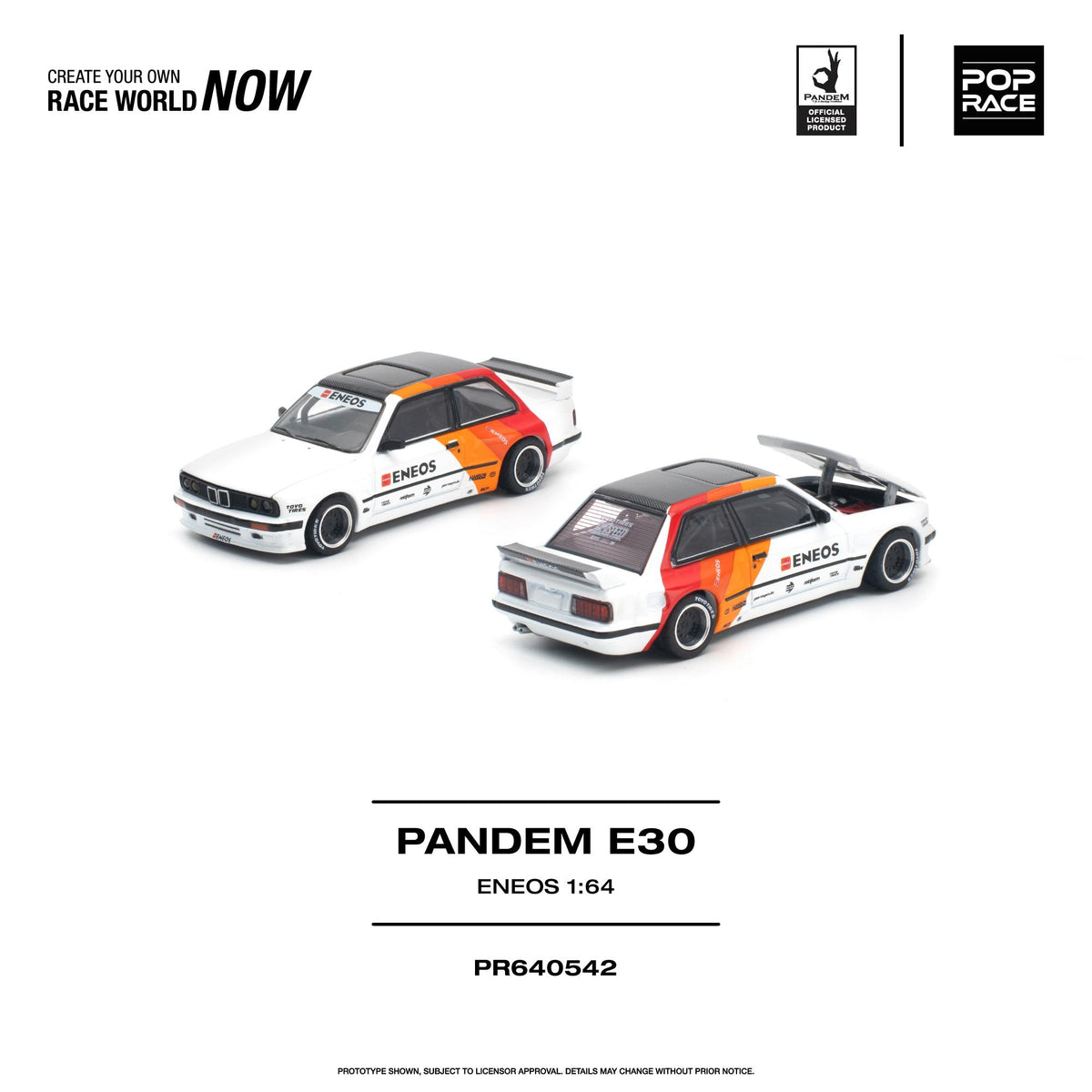 A clean studio-style product listing graphic showing two scale model cars on a white background, with branding and model text below. The cars are white with orange and red racing livery and black roof sections.