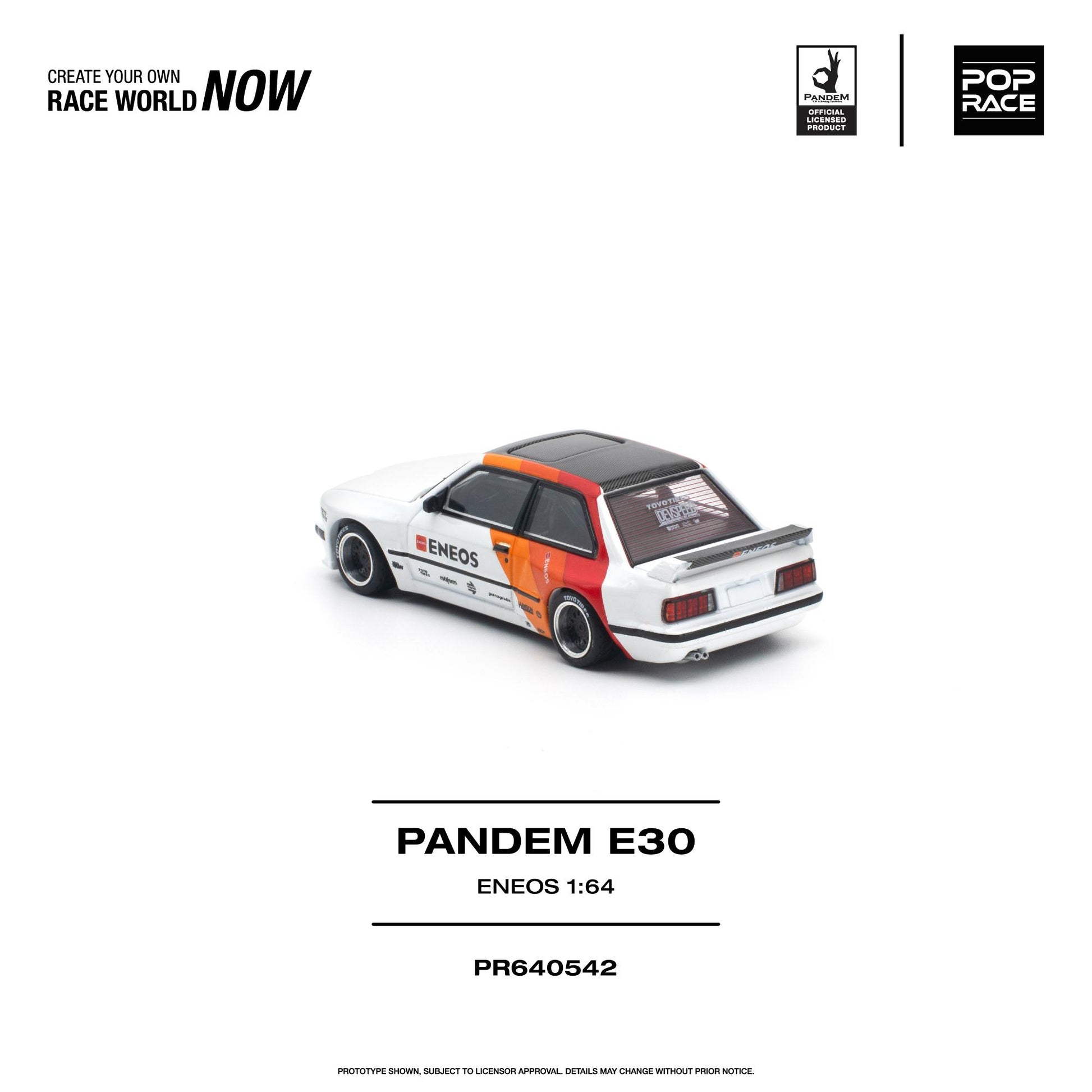 A 1:64 scale model car of the Pandem E30, shown from a rear three-quarter angle on a clean white background. The model features a white body with a black roof and a vibrant orange and red livery wrap on the rear.