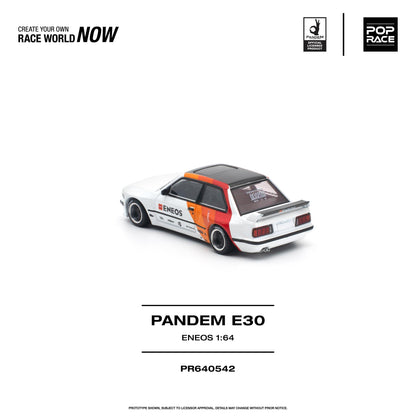 A 1:64 scale model car of the Pandem E30, shown from a rear three-quarter angle on a clean white background. The model features a white body with a black roof and a vibrant orange and red livery wrap on the rear.