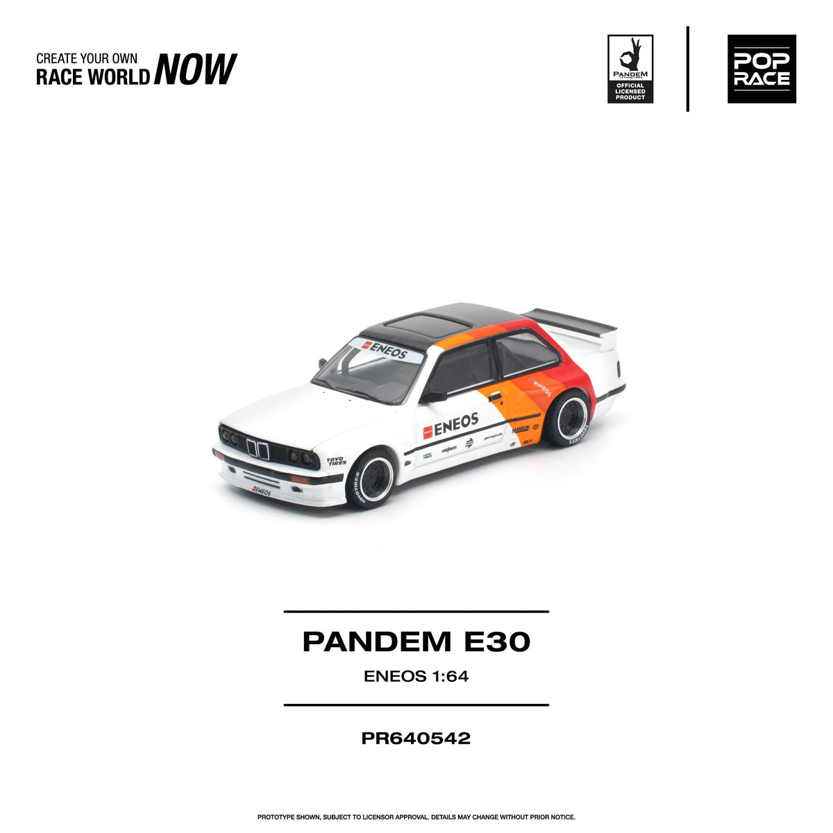 A 1:64 scale model car of the Pandem E30, featuring a white body with orange and red ENEOS sponsor decals, displayed on a clean white background with product details and brand logos.
