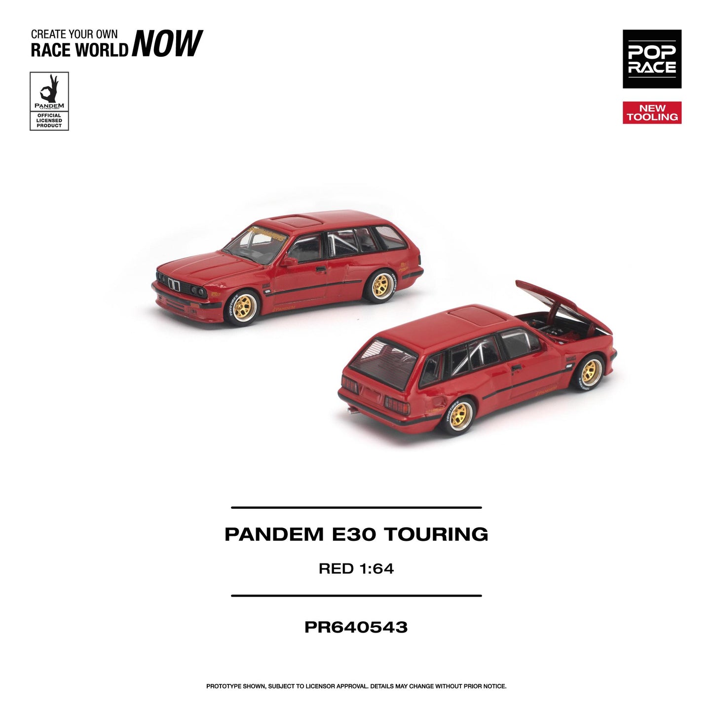 Red model car with open hood on a white background, featuring 'Pop Race' branding.