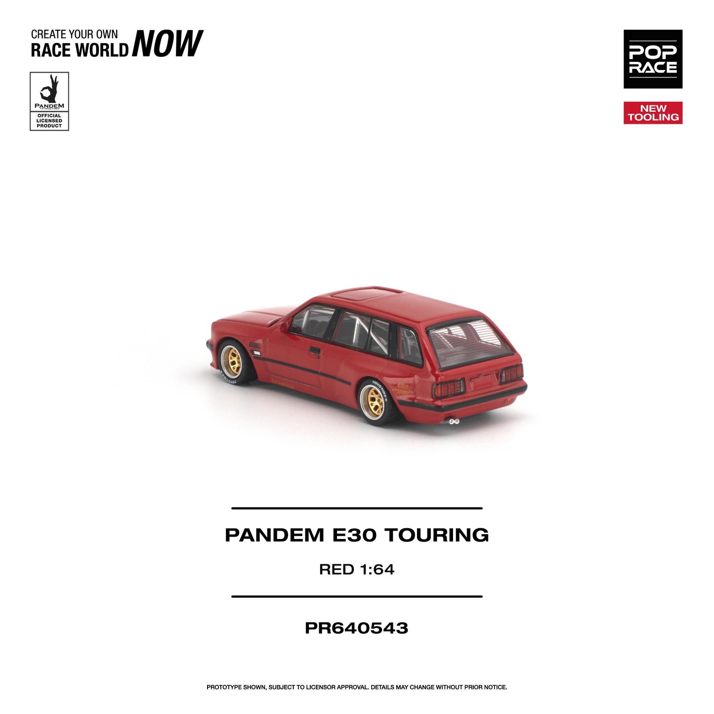 Red model car with branding and product details on a white background