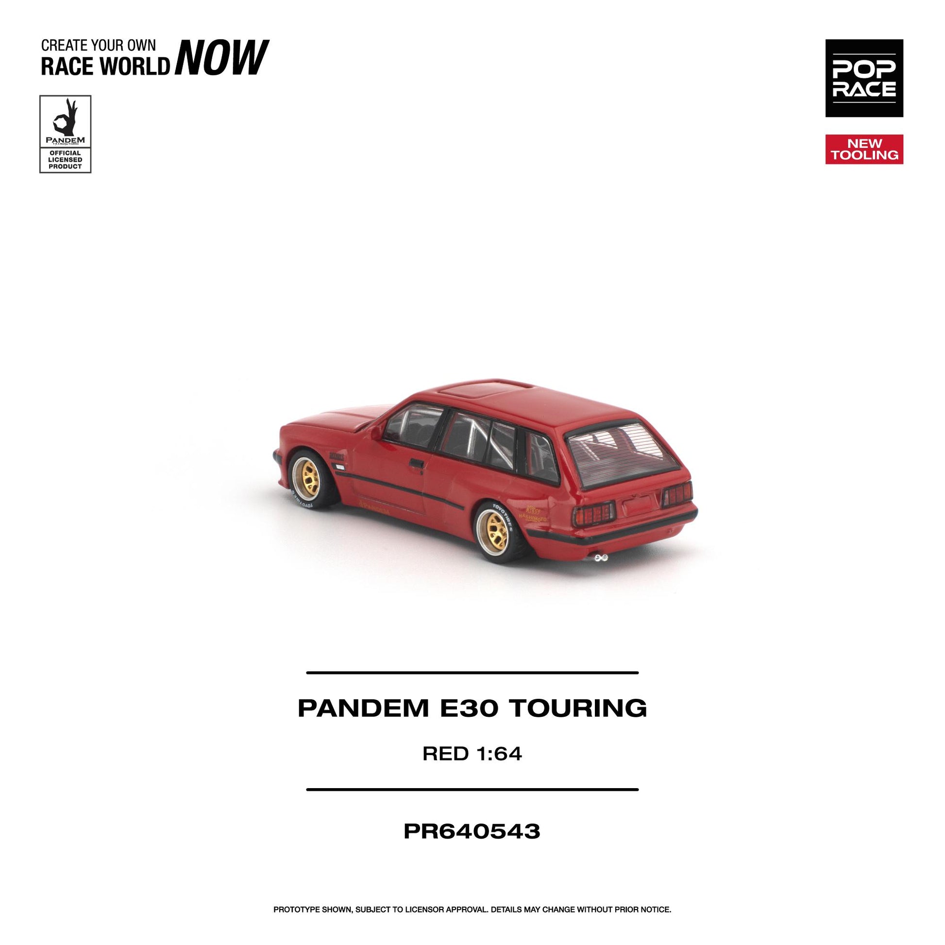 Red model car with branding and product details on a white background