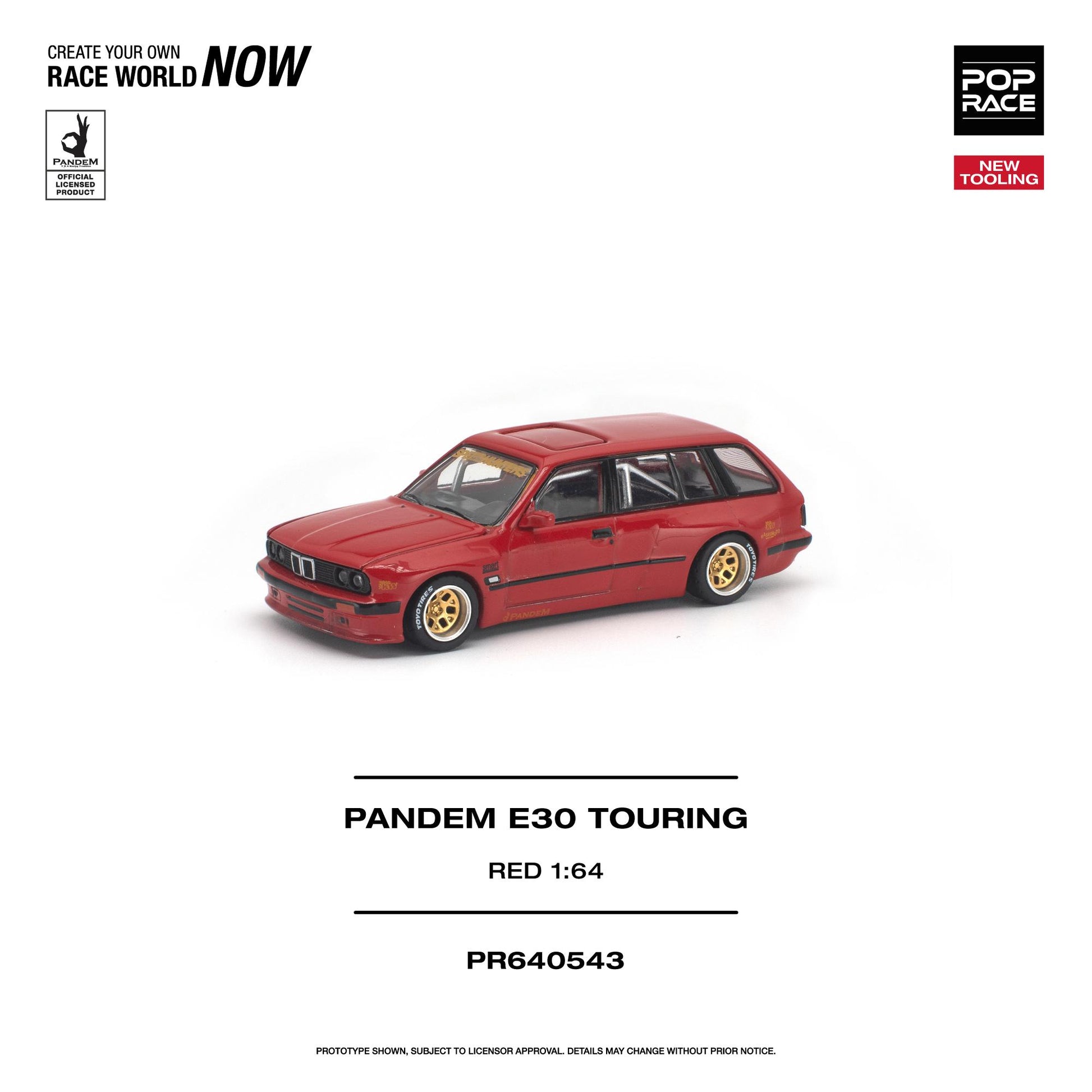 Red model car with gold wheels on a white background, featuring branding and product details.