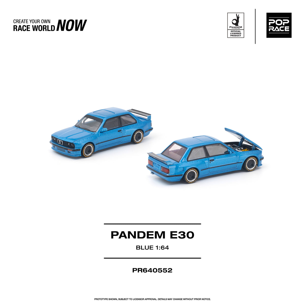 Pop Race 1:64 Pandem BMW E30 Blue PR640552 diecast model car with widebody styling, rear spoiler and opening hood