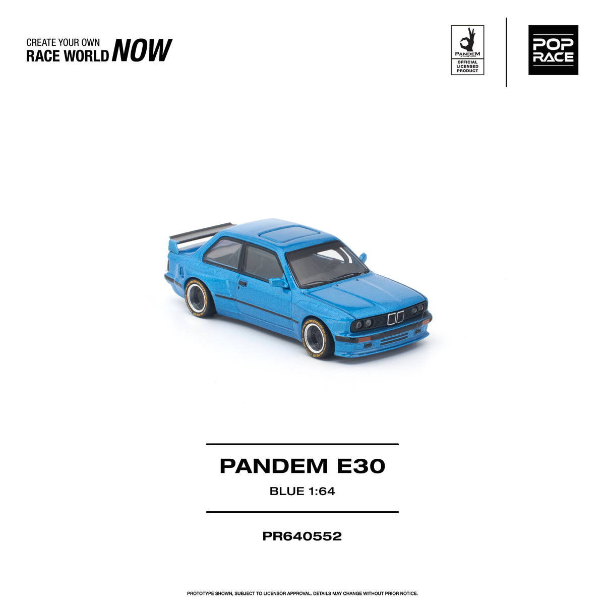 Pop Race 1:64 Pandem BMW E30 Blue PR640552 diecast model car with widebody kit, rear spoiler and custom wheels