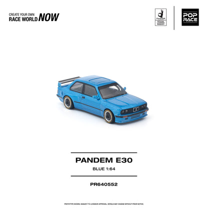 Pop Race 1:64 Pandem BMW E30 Blue PR640552 diecast model car with widebody kit, rear spoiler and custom wheels